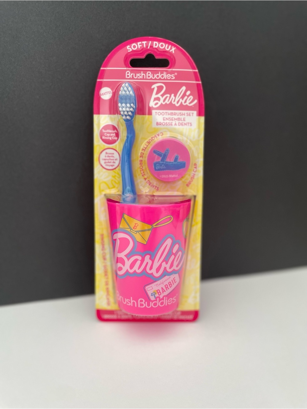 Barbie Brush Buddies Toothbrush Set with toothbrush, toothbrush cover, and cup